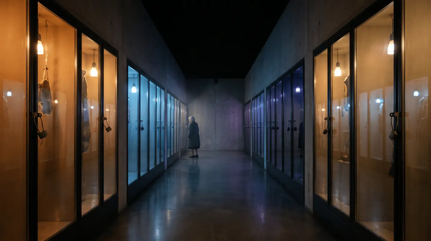 A long corridor of lit glass rooms receding into the distance, one figure standing at the far end.