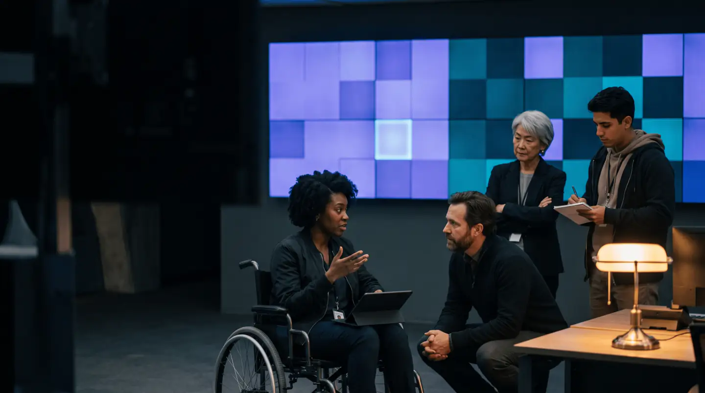 A small team gathered in front of a large wall display of glowing tiles, one person in a wheelchair holding a tablet, another taking notes under a desk lamp.