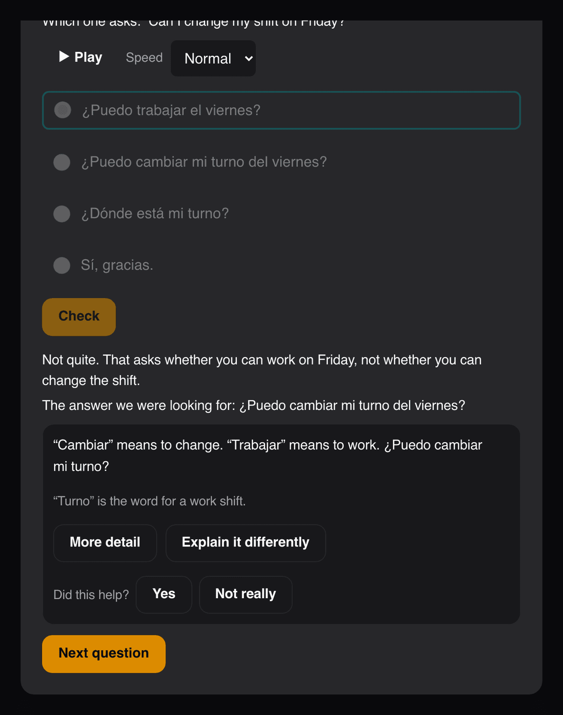 The Voxara tutor's explanation after a wrong answer, saying what each Spanish word means, with buttons for more detail or a different explanation.